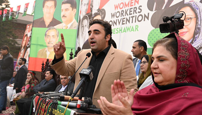 Chairman PPP Bilawal Bhutto Zardari speaks during a womens workers convention in Peshawar on December 13, 2023. — Facebook/Pakistan Peoples Party - PPP