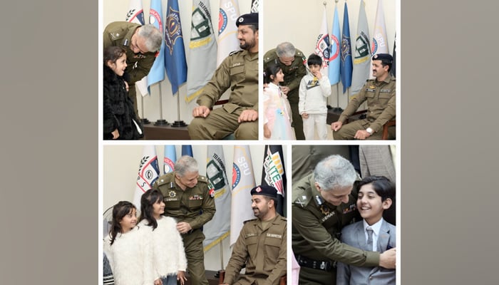 This combo of images shows IG Punjab interacting with the children as he pins ranks on the promoted sub-inspectors of Lahore Police on December 15, 2023. — Facebook/Punjab Police Pakistan