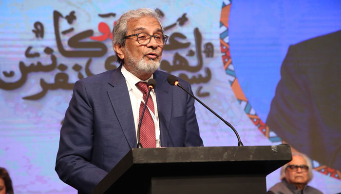 Sindh Caretaker Chief Minister Justice (retd) Maqbool Baqar addressing during the inauguration of the 16th Aalmi Urdu Conference at the Arts Council of Pakistan on November 30, 2023. —Facebook/Arts Council of Pakistan Karachi