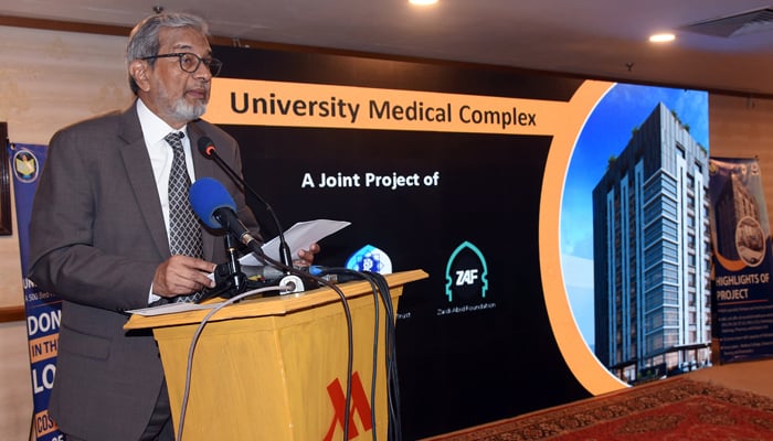 Caretaker Sindh Chief Minister Justice (R) Maqbool Baqar speaks at the Fund Raising Event of University Medical Complex at a local hotel on December 17th, 2023. — X/@SindhCMHouse