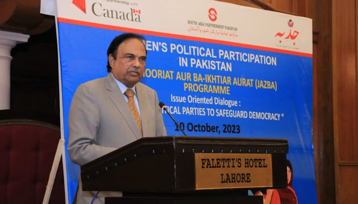Adviser to Punjab Minister for Law Kunwar Dilshad addresses during an event on October 10, 2023 in Lahore. — X/@kmdilshad