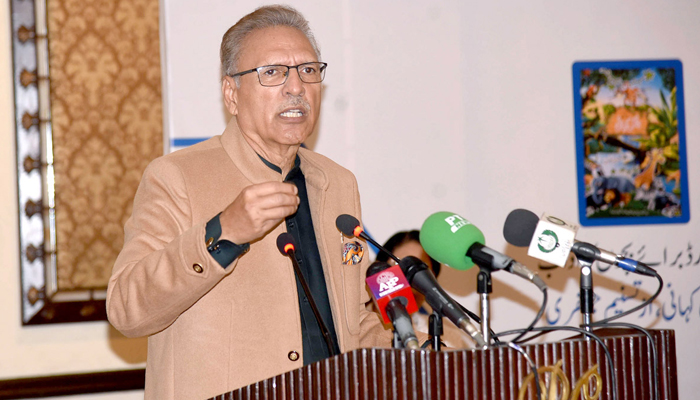 President Dr Arif Alvi addressing the ceremony of the First Jameel Jalibi Awards at a local hotel on December 15, 2023. — APP