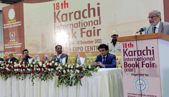 Caretaker Sindh CM Justice (Retd) Maqbool Baqar addresses participants during the inauguration of the 18th Karachi International Book Fair at the Expo Centre in Karachi on December 14, 2023. — PPI