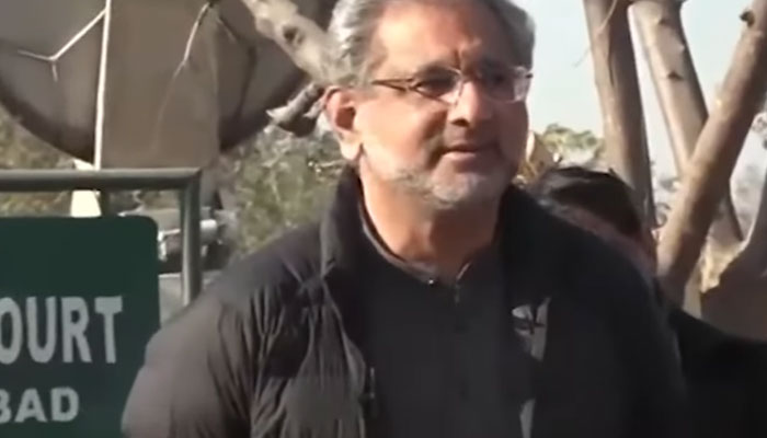 The screengrab shows PMLN stalwart and former prime minister Shahid Khaqan Abbasi talking to the media outside the accountability court on Dec 19, 2023. — Facebook/ nayadaurvideos