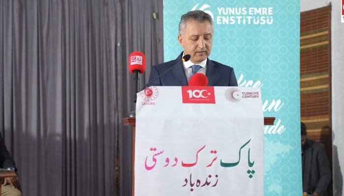 Turkiyes Consul General Durmus Bastug addressing an international conference on the great thinkers of Pakistan and Turkiye Allama Iqbal and M Akif Ersoy on December 20, 2023. — Facebook/University of the Punjab