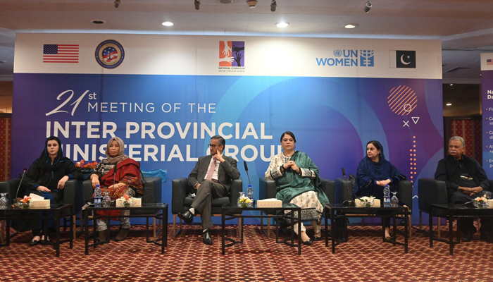 Panelists sit during the two-day 21st Inter-Provincial Ministerial Group (IPMG) meeting in Lahore on December 22, 2023. — Facebook/UN Women Pakistan