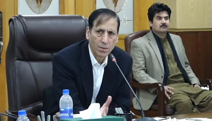 CM Syed Arshad Hussain Shah chairs a meeting to finalise the preparations in light of the directives of the ECP in this still on December 22, 2023. — Facebook/Government of Khyber Pakhtunkhwa