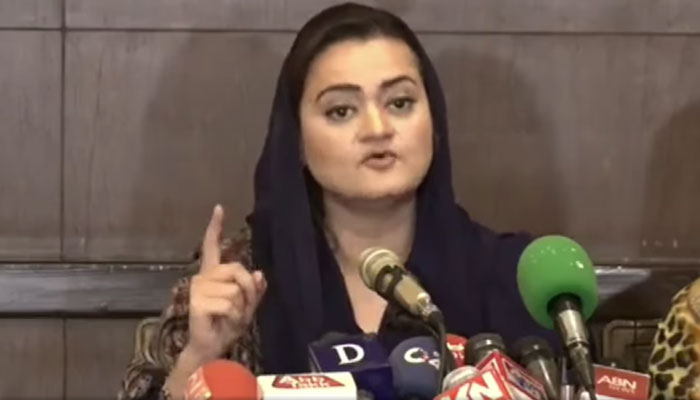 PMLN senior leader and former information minister Marriyum Aurangzeb addresses a press conference on Dec 23, 2023. —Facebook/MarriyumAurangzebPMLN