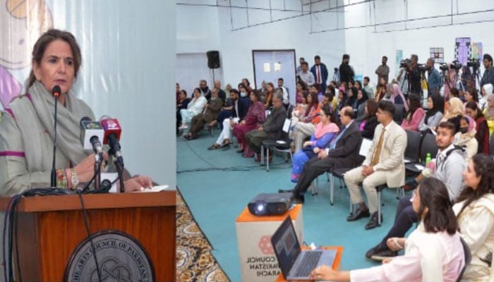 Samina Arif Alvi, the wife of President Arif Alvi,addressing a seminar titled ‘Harmony of Gifts, Special Children, Special Possibilities’ jointly organised by The Circle - Caring for Children and the Arts Council of Pakistan on Dec 23, 2023. — PID