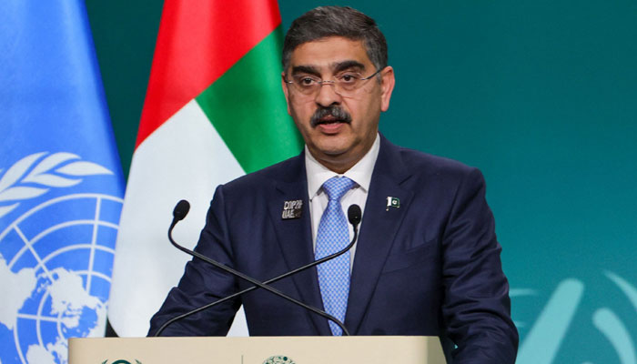 Prime Minister Anwar-ul-Haq Kakar speaks during the High-Level Segment for Heads of State and Government session at the United Nations climate summit in Dubai on December 2, 2023. — AFP