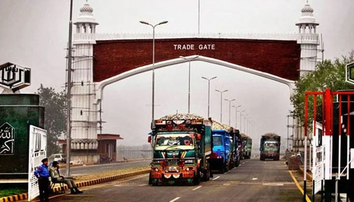 The image shows Trade Gate at the Wagah Border. — APP File