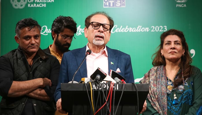 Sindh Caretaker Information Minister, Ahmed Shah addresses an event at the Art Council of Pakistan on December 19, 2023. —Facebook/Arts Council of Pakistan Karachi