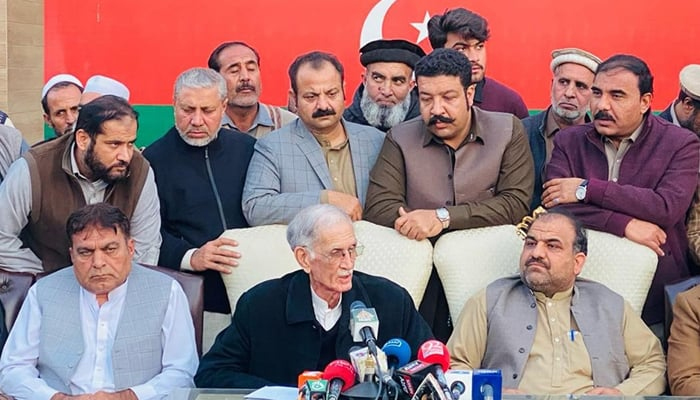 PTI-Parliamentarians Chief Pervez Khattak addresses a press conference on the occasion of the party joining ceremony of the local leaders on December 21, 2023. Facebook/PTI-P