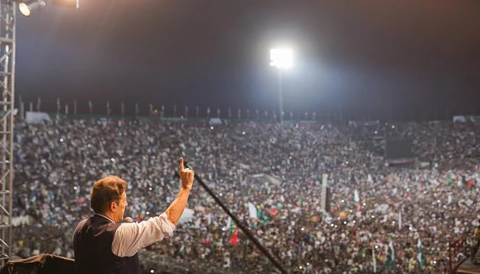 This image released on August 13, 2023, shows former PM Imran Khan delivering a speech to his party workers and supporters on Pakistan Independence Day Jalsa in Lahore on 13th August 2022. — Facebook/Imran Khan