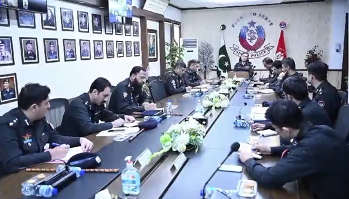 Sindh Inspector General of Police (IGP) Riffat Mukhtar Raja chairs a meeting on December 30, 2023. — Facebook/Sindh Police