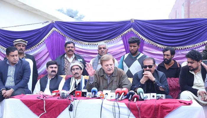 Istehkam-e-Pakistan Party (IPP) leader Humayun Akhtar Khan addresses a press conference at the press club of Faisalabad on December 31, 2023. — Facebook/Humayun Akhtar Khan