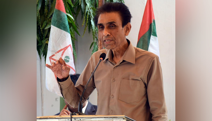 MQM-P Convener Dr Khalid Maqbool Siddiqui addresses an event in Karachi on January 1, 2024. — Facebook/MQM ( Muttahida Quami Movement)