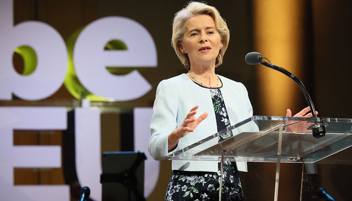 EC President Ursula Von der Leyen addresses the audience at the opening event of the Belgian Presidency of the Council of the EU in honor of the King and the Queen at Bozar center in Brussels, on January 5, 2024. — AFP