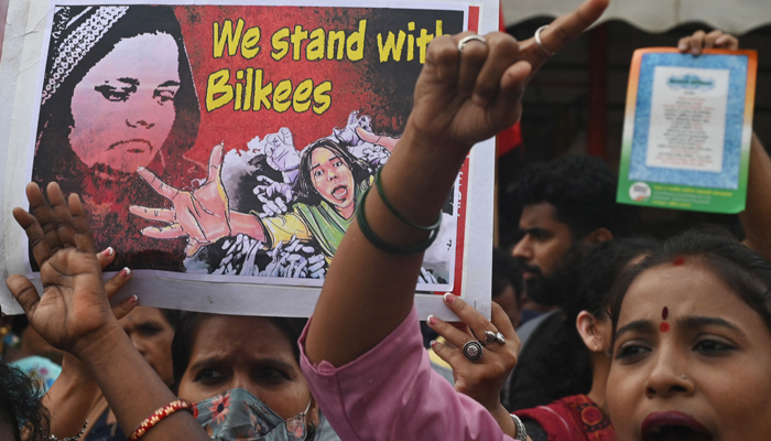 Women shout slogans during a protest against the release of men convicted of gang-raping Bilkis Bano during the 2002 communal riots in Gujarat, in Mumbai on August 23, 2022. — AFP