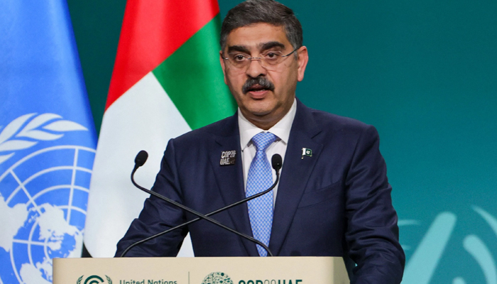 Prime Minister Anwar-ul-Haq Kakar speaks during the High-Level Segment for Heads of State and Government session at the United Nations climate summit in Dubai on December 2, 2023. — AFP