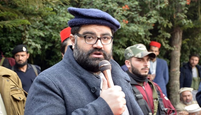 ANP provincial president Aimal Wali Khan speaks in this image during a party gathering on January 8, 2024. — Facebook/Awami National Party