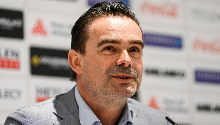 Antwerps new director of football Marc Overmars, speaks during a press conference of Belgian soccer club Royal Antwerp FC, in Antwerp on March 21, 2022. — AFP