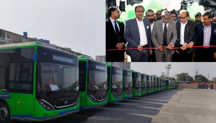 Caretaker Sindh Chief Minister Justice (retd) Maqbool Baqar, along with his Information Minister Ahmad Shah, Home Minister Brig (retd) Haris Nawaz, Mayor Karachi Murtaza Wahab, and others, inaugurated a fleet of buses at Mazar-e-Quaid after cutting a ribbon on January 11, 2024. —Sindh Chief Minister House