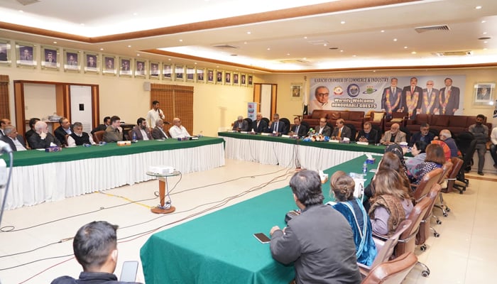 Sindh Minister for Information, Minority Affairs, and Social Protection, and President of Arts Council of Pakistan Muhammad Ahmed Shah (C) speaks at the Karachi Chamber of Commerce and Industry (KCCI) on January 11, 2024. — Facebook/Mohammad Ahmed Shah