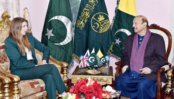 AJK President Barrister Sultan Mahmood Chaudhry (R) while meeting with the British High Commissioner Jane Marriott at Chechian in the city of Mirpur on January 10, 2024. — Facebook/Sultan Mahmood Chaudhry