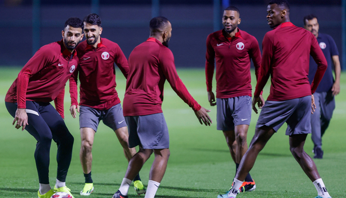 Qatars players take part in a training session at the Hilton Salwa Beach Resort and Villa in Abu Samrah on December 27, 2023, in preparation for the 2023 AFC Asian Cup to be held in Doha next year. — AFP