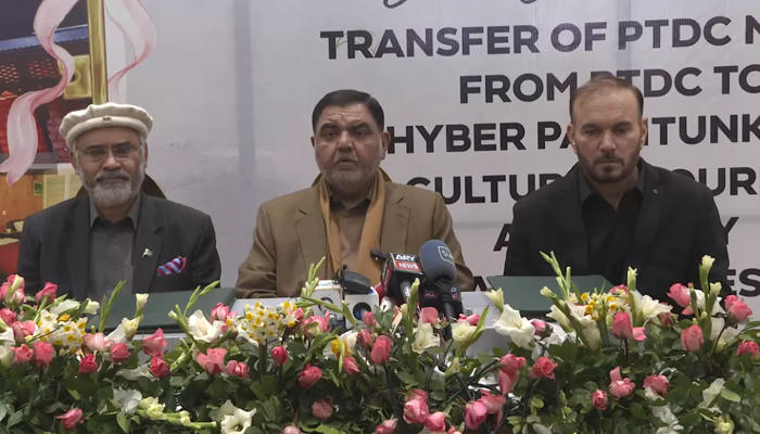 KP Caretaker Minister for Information and PR, Culture, Tourism, Archeology and Museum Barrister Feroze Jamal Kakakhel (c) speaks with the media during the document signing ceremony at Peshawar Services Club on January 11, 2024, in this still. — Facebook/Directorate General Information & PRs, KP