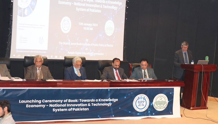 The image released on Jan 12, 2024 shows the book launching ceremony of “Towards a Knowledge Economy-National Innovation and Technology System of Pakistan” at Punjab HEC. — Facebook/punjabhecofficial