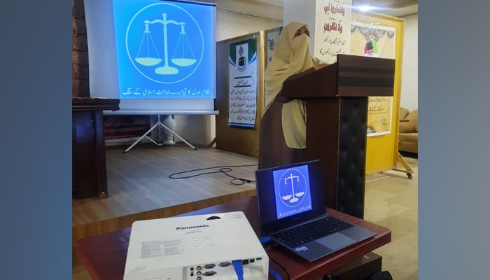 A Jamaat-e-Islami woman worker addresses a meeting in Islamabad on January 12, 2024. — Facebook/Jamaat e Islami Women Wing Islamabad