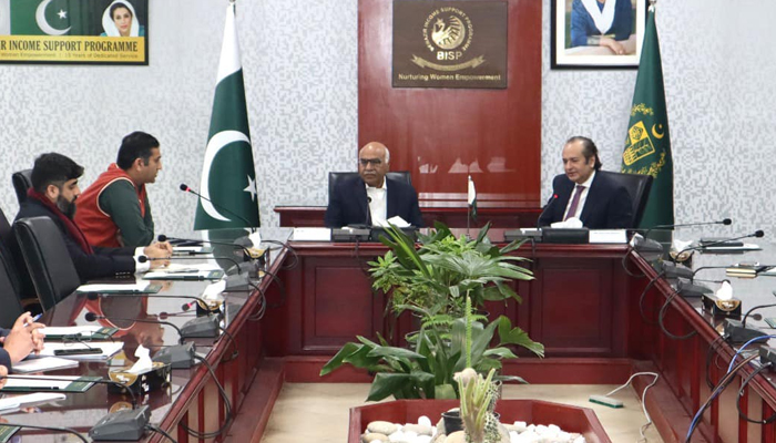 Chairperson Benazir Income Support Programme Dr Muhammad Amjad Saqib (C-L) presided over a high-level meeting to review the progress of Benazir Income Support Programme’s key initiatives on January 12, 2024. — Facebook/BISP Pakistan