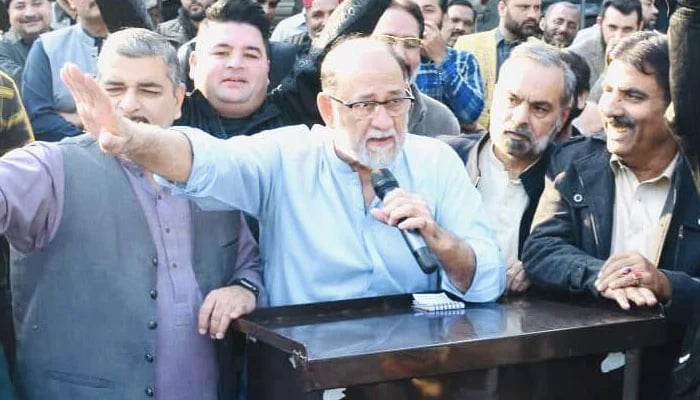 The image released on December 18, 2023 shows PML-N leader Sheikh Rohail Asgher addressing a political rally. — Facebook/Zeshan Khan