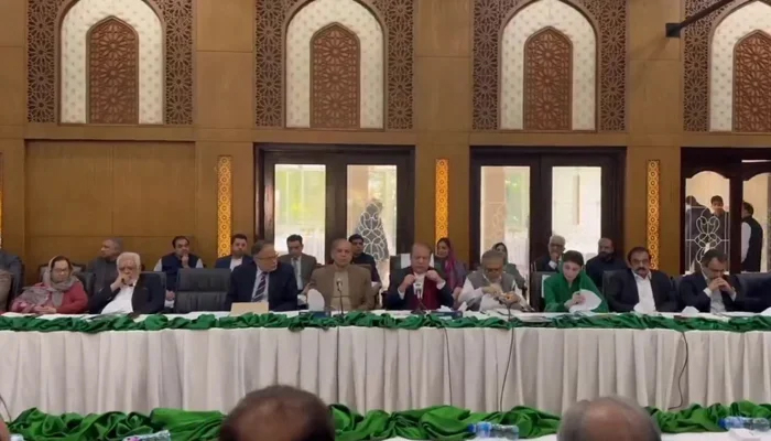 Former premier and PMLN Quaid Nawaz Sharif (c) speaks during the 6th meeting of the party’s parliamentary board on December 9, 2023, in this still. — Facebook/Maryam Nawaz Sharif