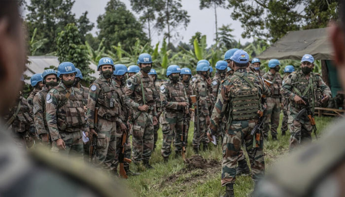 UN blue helmet peacekeepers deployed near Kibumba, north of Goma in Democratic Republic of Congo, on 28 January 2022. — AFP