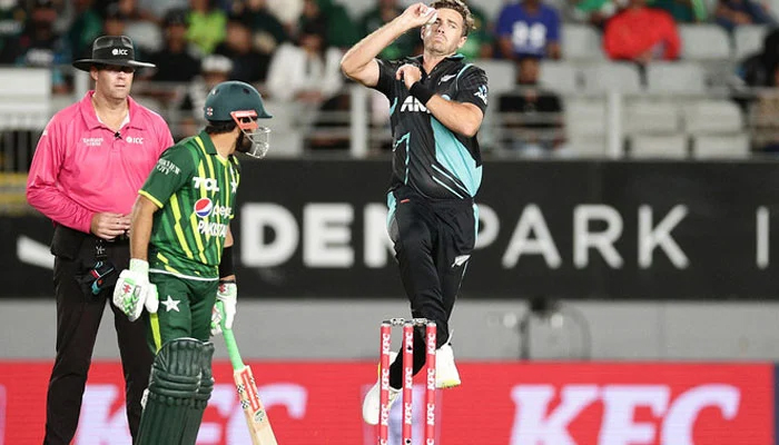 New Zealands Tim Southee bowls during the first Twenty20 international cricket match between New Zealand and Pakistan at Eden Park in Auckland on January 12, 2024. — AFP