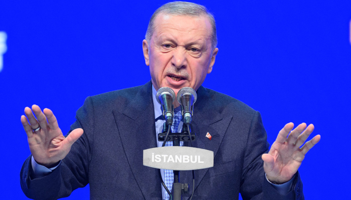Turkish President Tayyip Erdogan speaks as he announces Murat Kurum as his ruling Justice and Development Party candidate in Istanbuls upcoming mayoral election in March, on January 7, 2024. — AFP