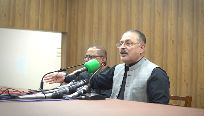 Former Sindh information minister and Pakistan Peoples Party (PPP) leader Sharjeel Memon addresses a press conference at the media cell of Bilawal House on January 15, 2024. — Facebook/Sharjeel Inam Memon