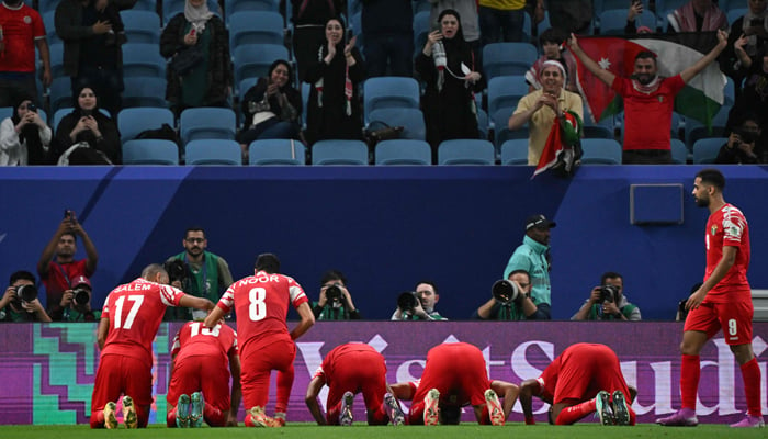 Mahmoud al-Mardi after scoring their third goal during the Qatar 2023 AFC Asian Cup Group E football match between Malaysia and Jordan at the Al-Janoub Stadium in Al-Wakrah, south of Doha on January 15, 2024. — AFP