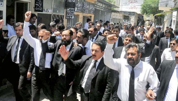 In this picture can be seen lawyers in Peshawar protest. — Online/File