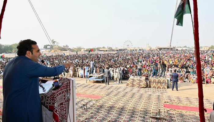 PPP Chairman Bilawal Bhutto Zardari addresses a public meeting at Rahuki near Badin on the martyrdom day of Muhammad Fazal Rahu on January 17, 2024. — Facebook/Pakistan Peoples Party - PPP