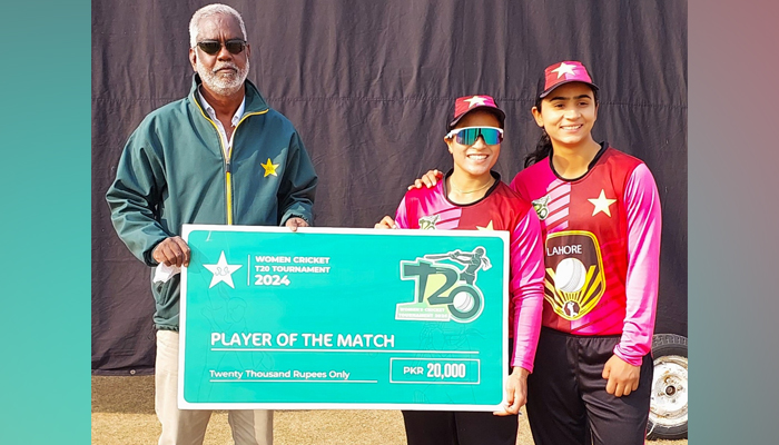 Sidra Amin and Sadaf Shams of Lahore can be seen receiving player of the match after victory over Peshawar in the National Women T20 Tournament at the Shoaib Akhtar Stadium in Rawalpindi on January 18, 2024. — X/@TheRealPCB