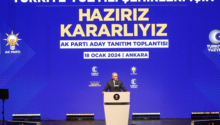 Turkish President Recep Tayyip Erdogan addresses the audience during the Justice and Development (AK) Party Candidate Announcement Meeting at ATO Congresium Hall in Ankara, on January 18, 2024. — AFP