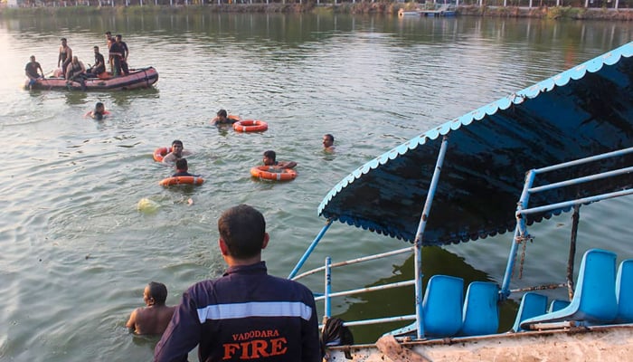 Members of Vadodara Fire and Emergency Services conducted search and rescue after a boat capsized at Harni Lake in Vadodara on January 18, 2024. — AFP