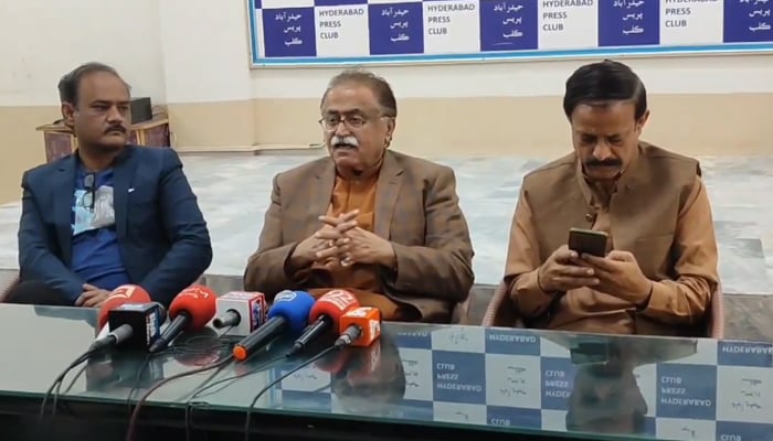 Pakistan Peoples Party (PPP) Senator Maula Bakhsh Chandio (C) speaks during a press conference at the Hyderabad Press Club on January 20, 2024. — X/@najeebabroppp