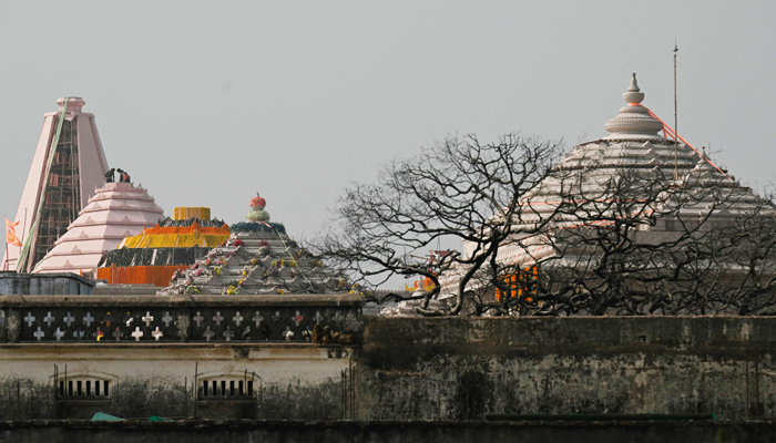 A temple of Hindu deity Ram is pictured on the eve of its consecration ceremony in Ayodhya on January 21, 2024. — AFP