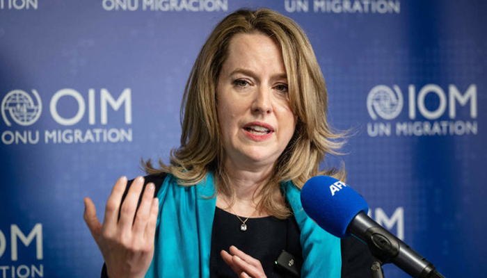 IOM chief Amy Pope speaks during a presser. — AFP/File