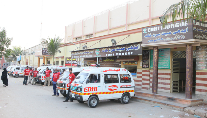 Edhi ambulances can be seen parked outside an Edhi center morgue. — Edhi website